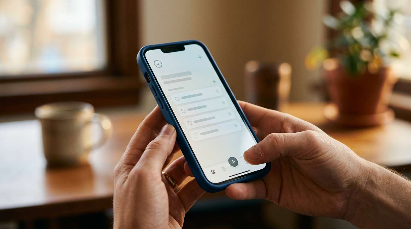 Mãos segurando smartphone com app de tarefas minimalista