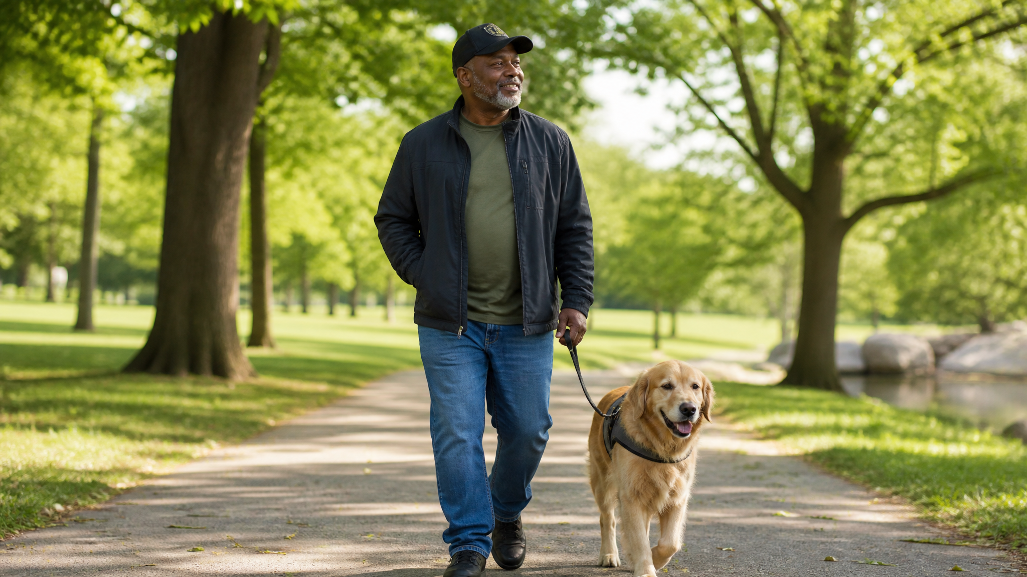 Black male veteran walking with service dog in park, representing emotional support and coping