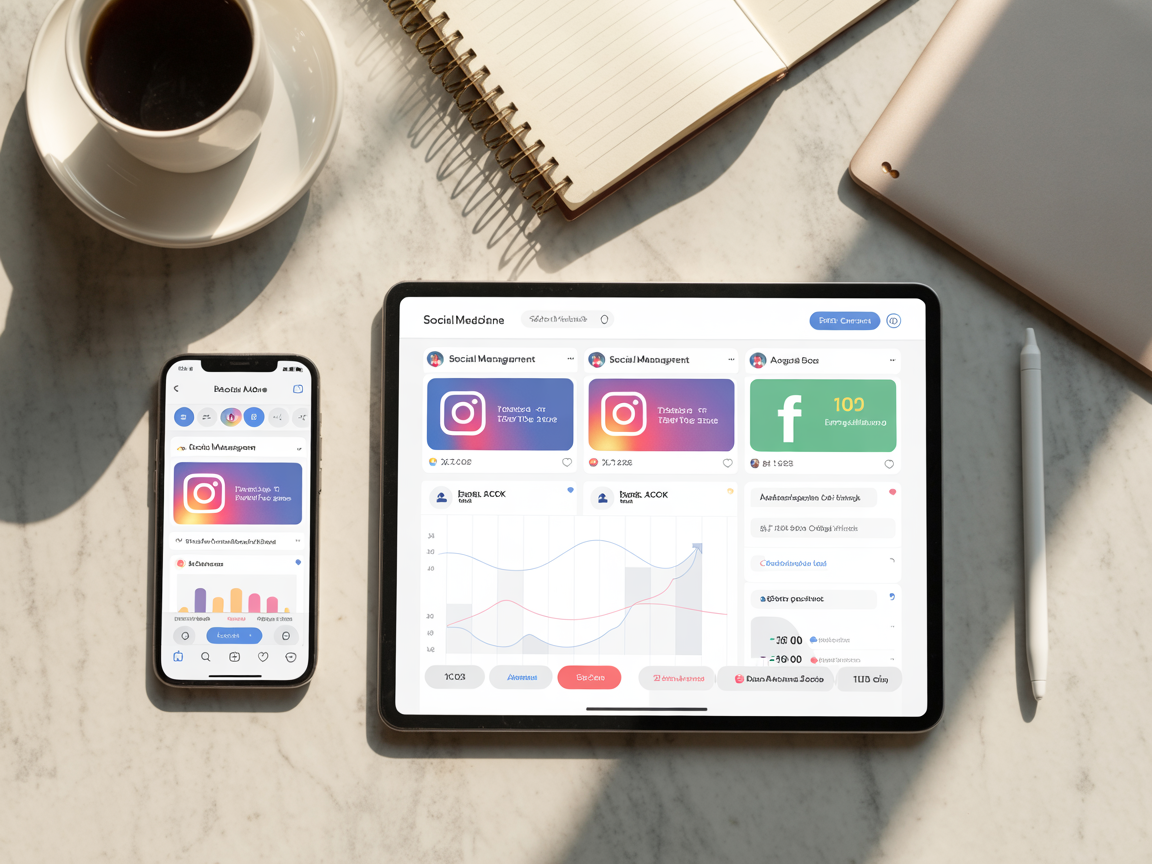 Dispositivos mostrando dashboards de gestión de redes sociales