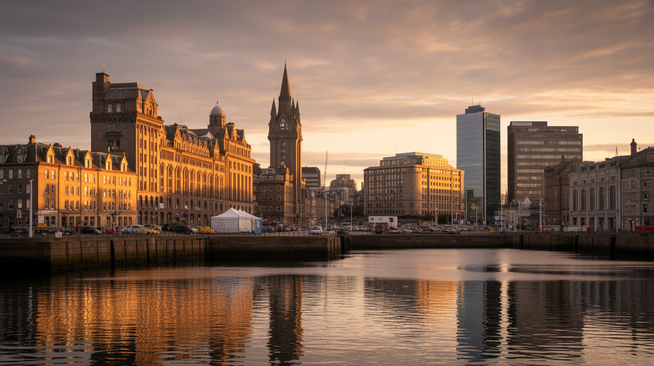 Aberdeen city skyline at golden hour