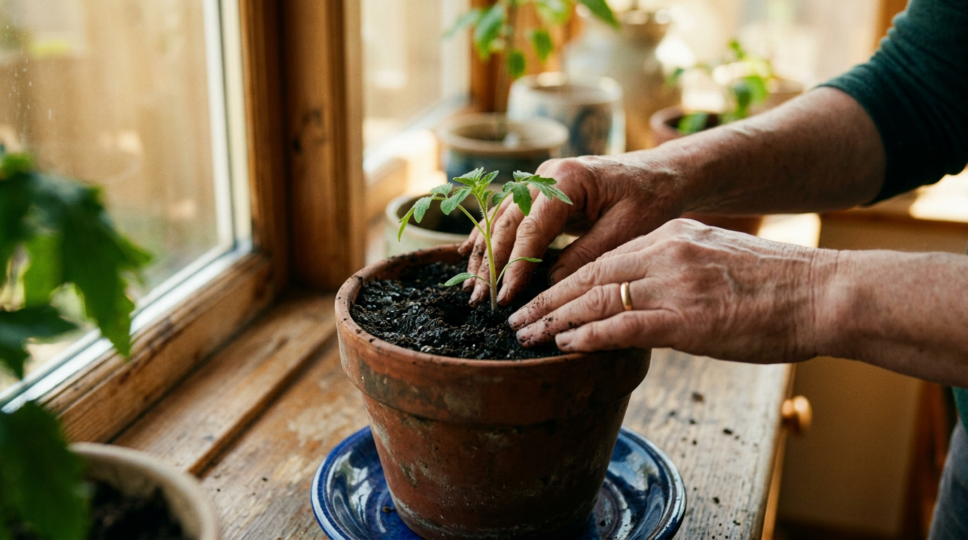 Mãos plantando muda na terra representando nutrir a disciplina com paciência