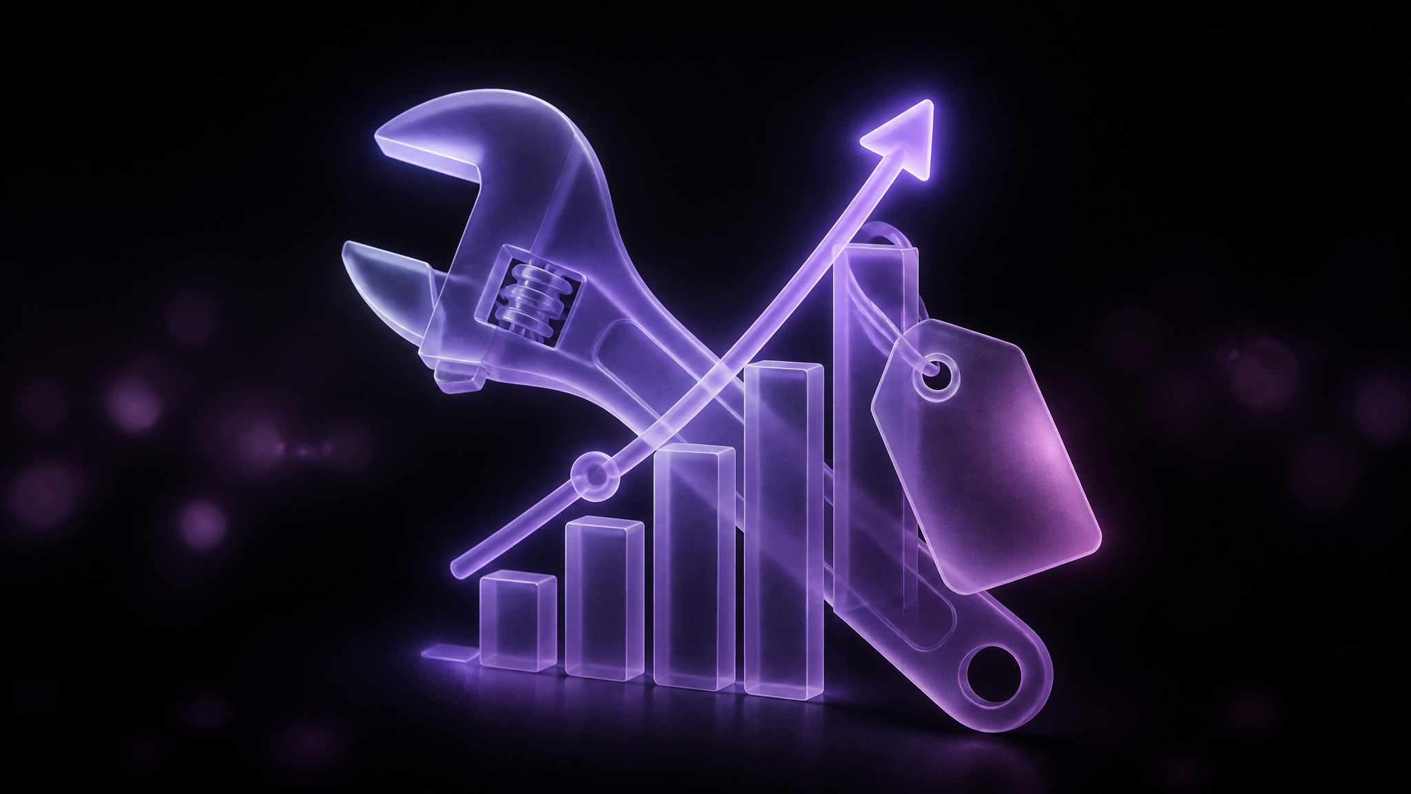 A translucent violet frosted-glass plumbing wrench crossed with a rising glowing bar chart in the dark