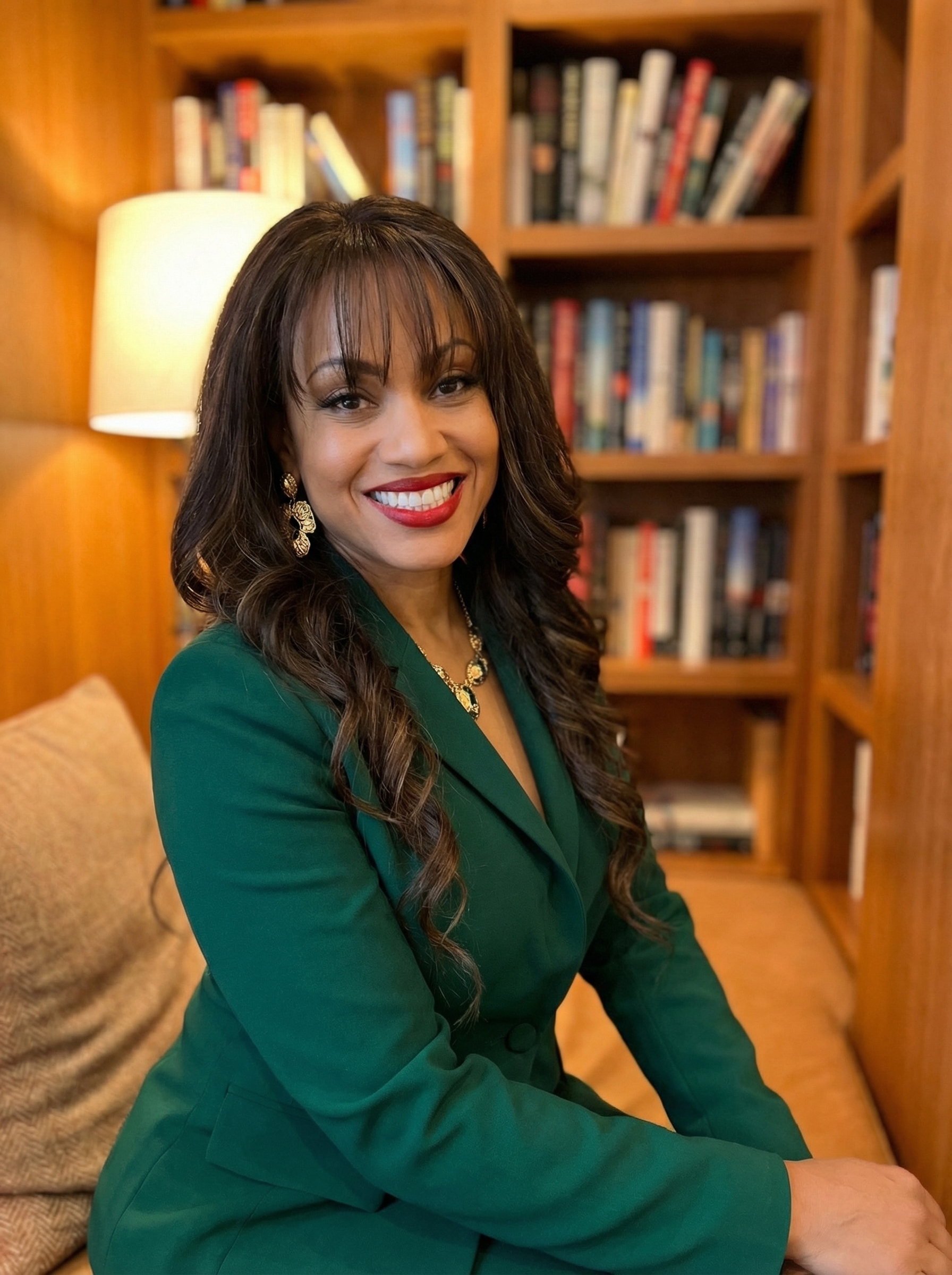 LyNea LB Bell in an elegant emerald green blazer with gold jewelry, seated in a warm reading nook
