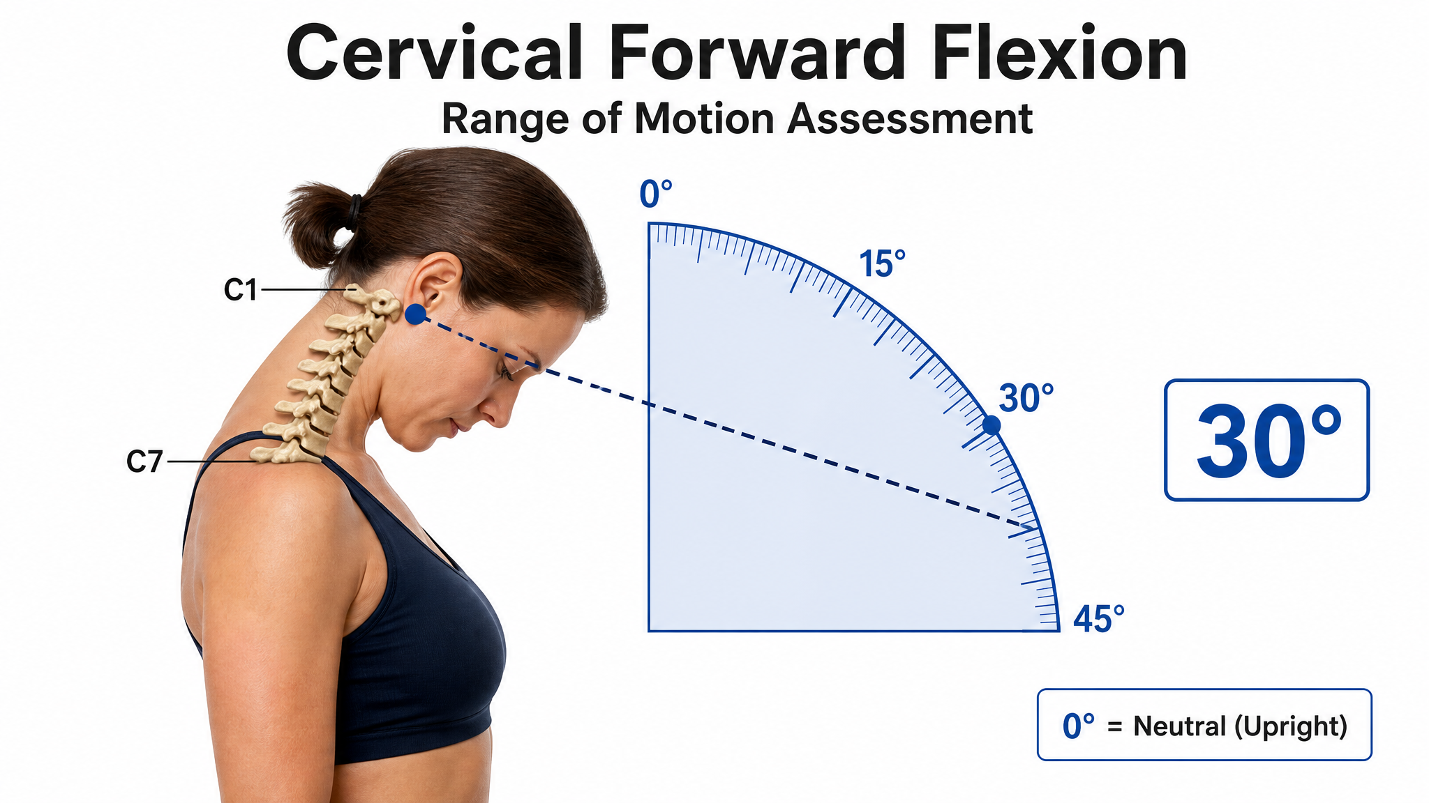 Clinical illustration of cervical forward flexion — a female figure dropping the chin toward the chest with the C1–C7 spine overlaid and a goniometer protractor arc measuring the angle
