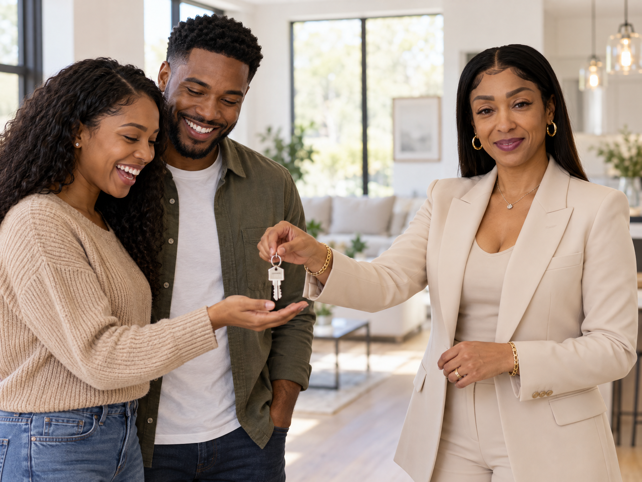 Vernice Bickham handing house keys to a happy young couple in their new home