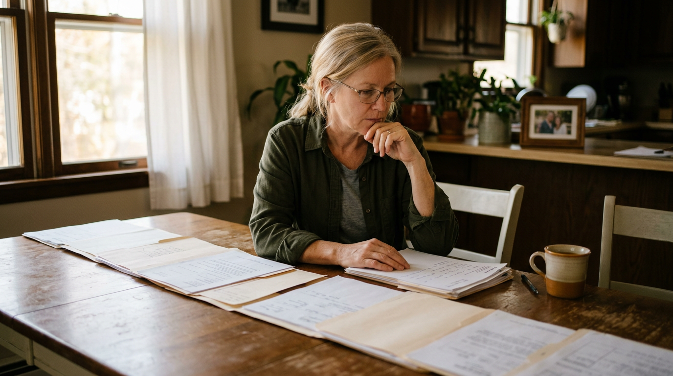 Veteran reviewing a row of dated medical records laid out in order, with one gap in the row