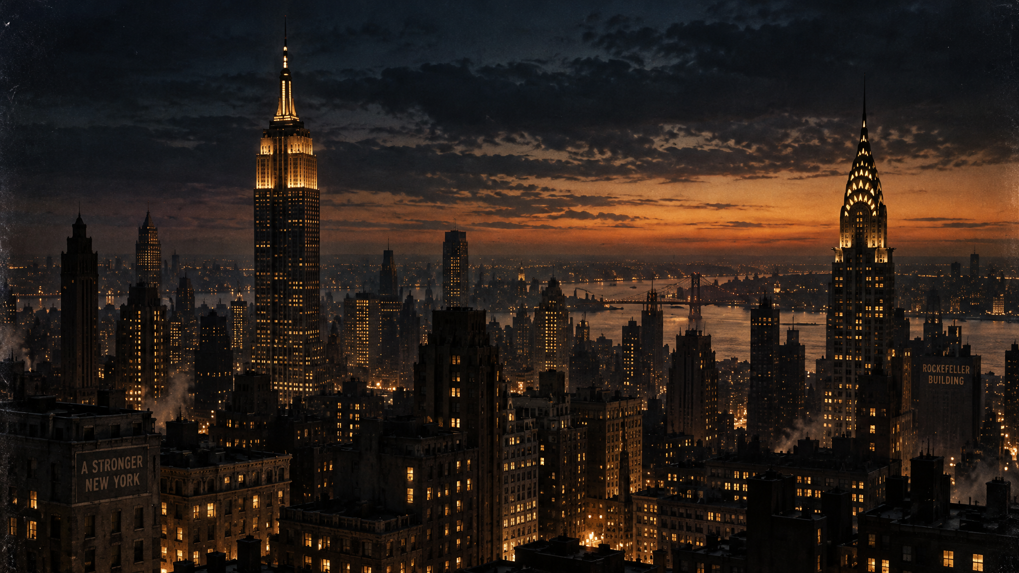 1930s New York City skyline at dusk