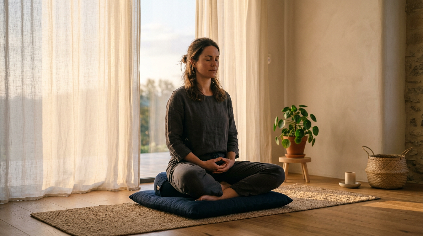 Pessoa meditando em sala tranquila com luz suave da manhã — mindfulness como ferramenta de treinamento atencional