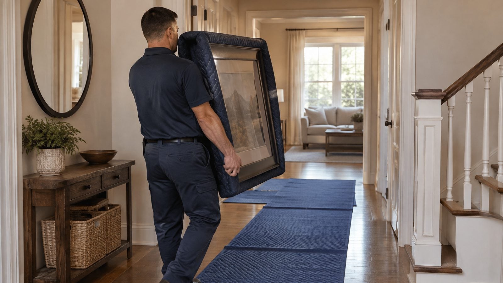 Mover carrying framed art over protective floor runners — Appleton, Wisconsin