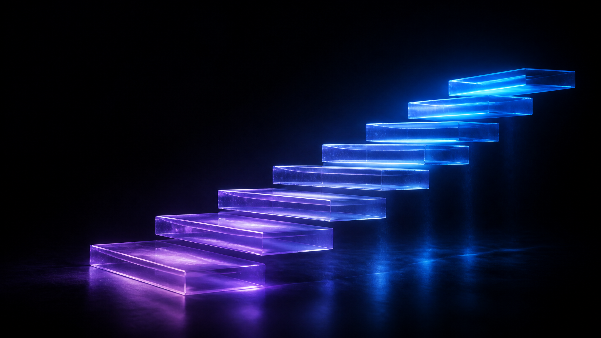 Ascending staircase of translucent glowing glass slabs rising from violet to electric blue, representing SEO retainer tiers