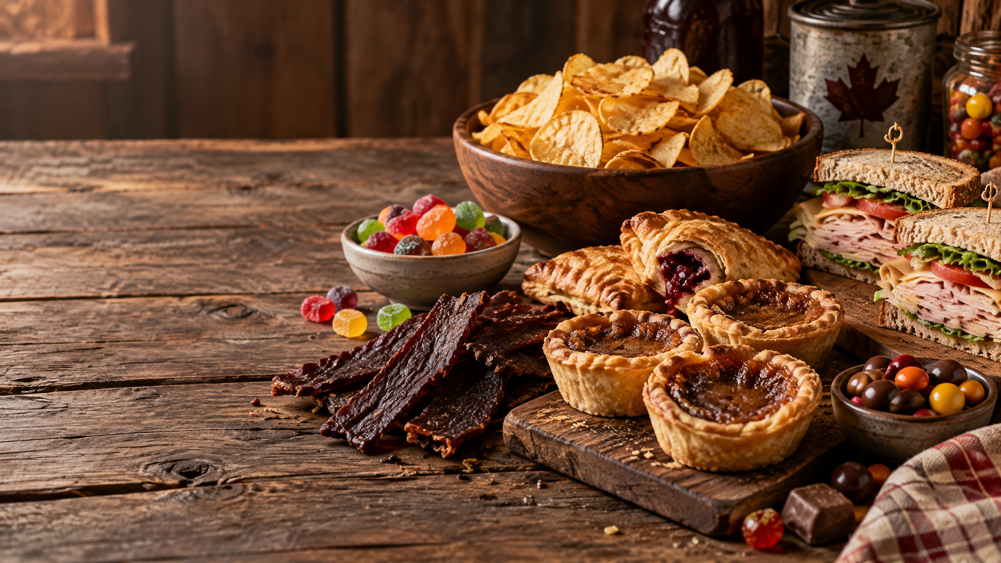 Assorted snack foods arranged on a rustic wooden surface
