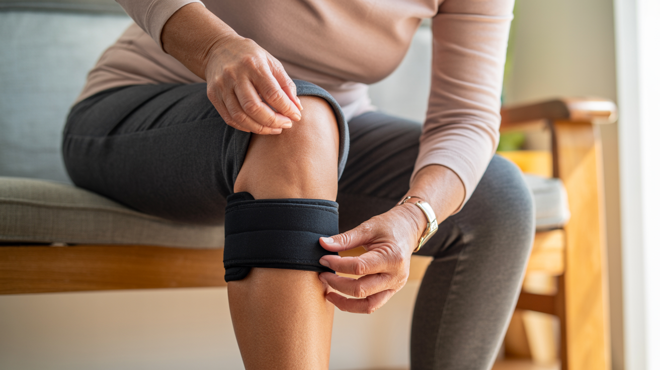 Senior woman putting on a knee brace before walking