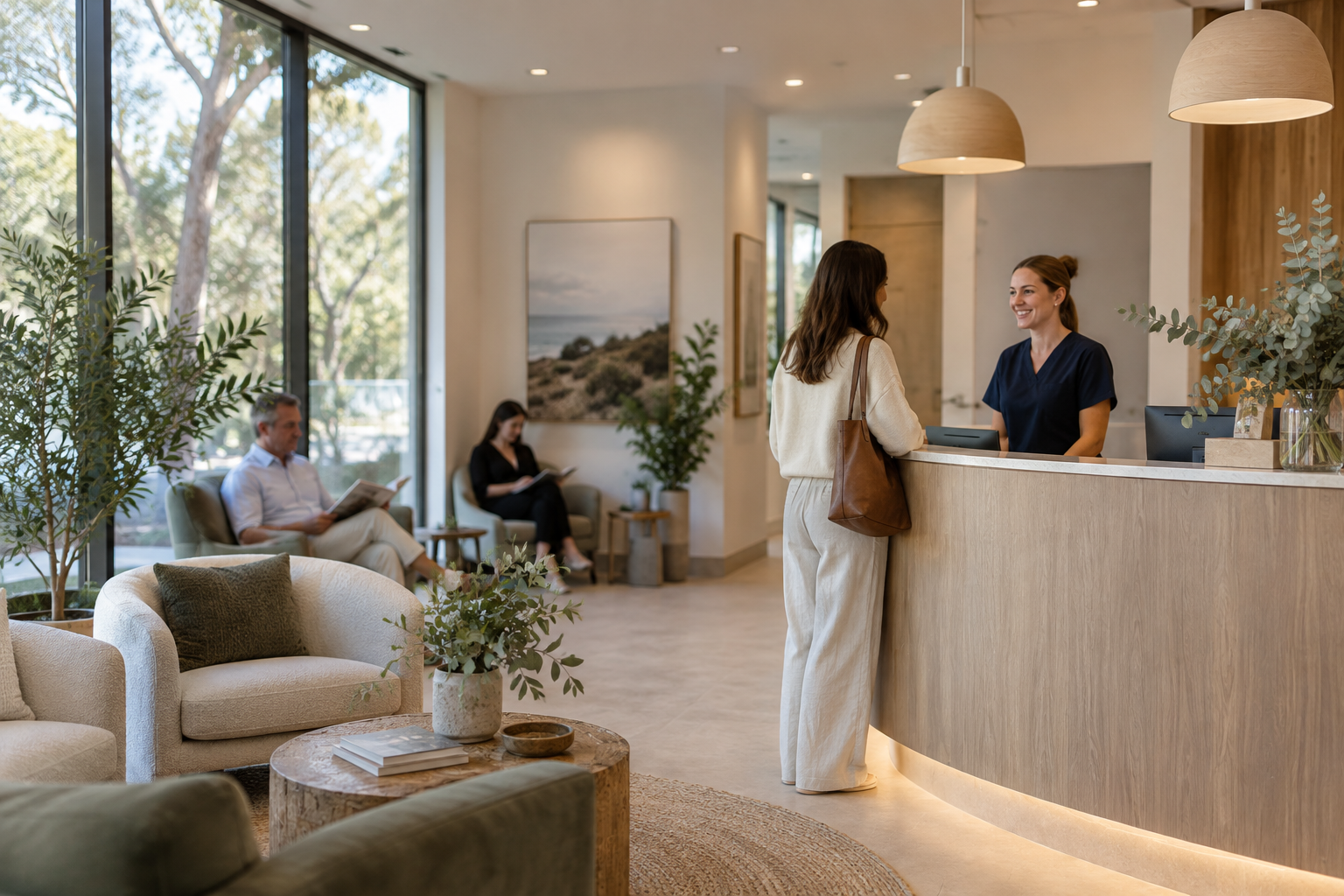 Medical clinic reception with a timber desk and natural light