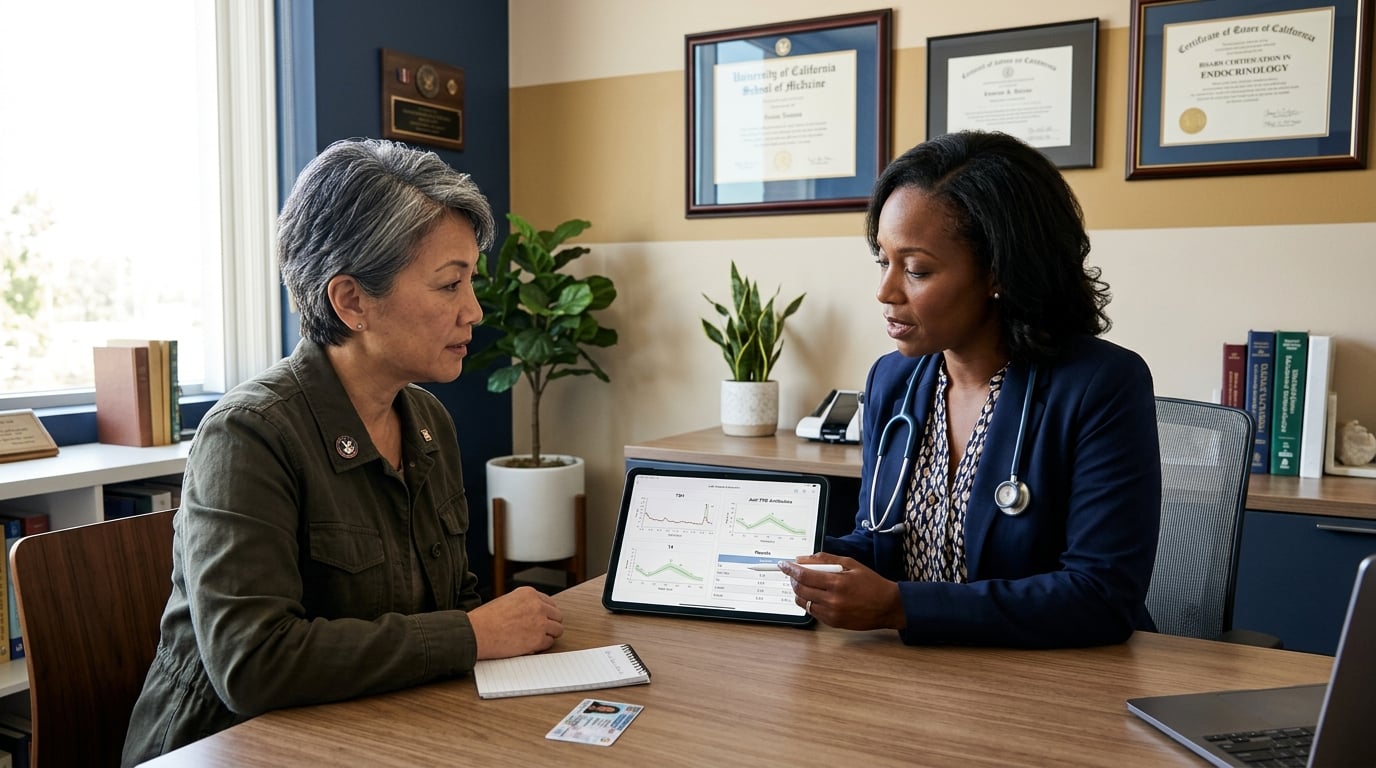 A woman veteran reviewing lab work with a clinician