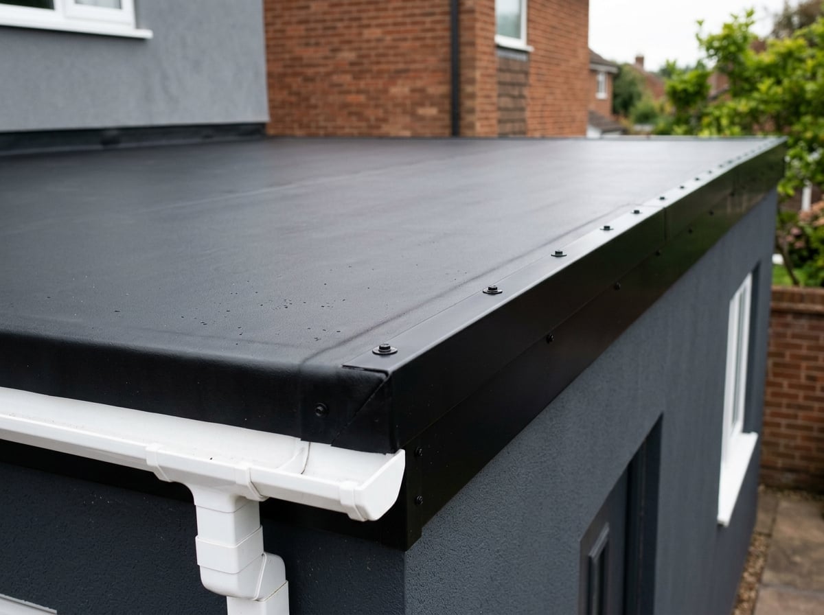 Black EPDM rubber flat roof membrane with neat edge trim
