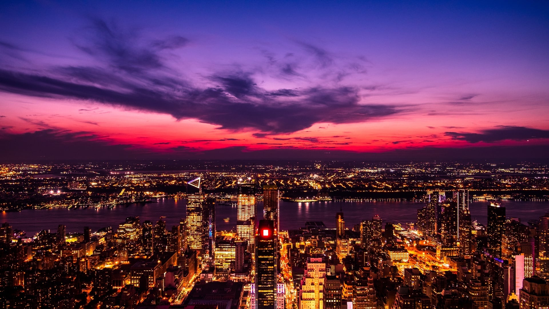 City skyline at twilight with modern buildings