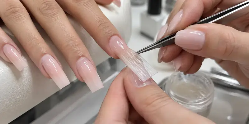Manicure aplicando fibra de vidro para alongamento de unhas em salão de Sorocaba