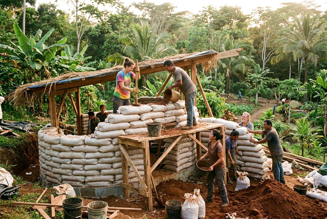 Gemeinschaftlicher Earthbag-Bau in Uganda — Menschen errichten runde Lehmbauten