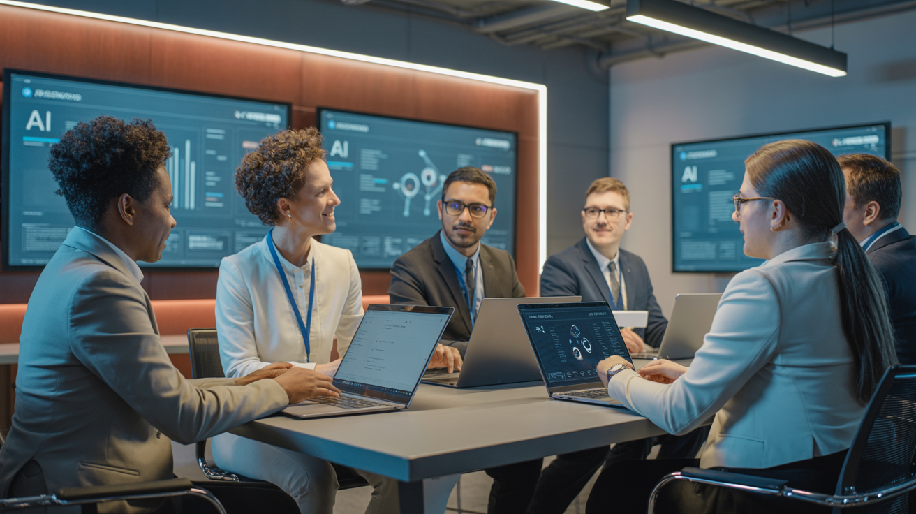 Diverse group of Black, Brown and White professionals learning AI