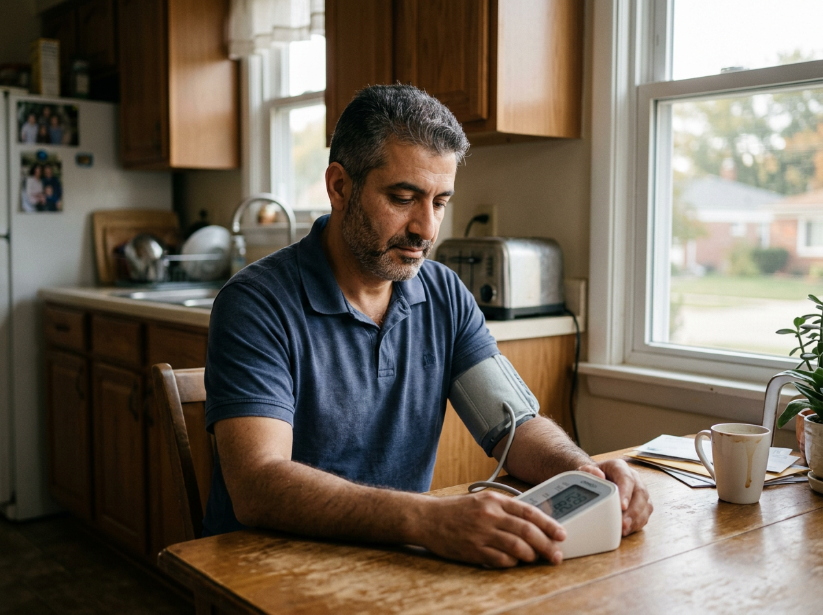 A veteran in his late 40s checking his blood pressure at home