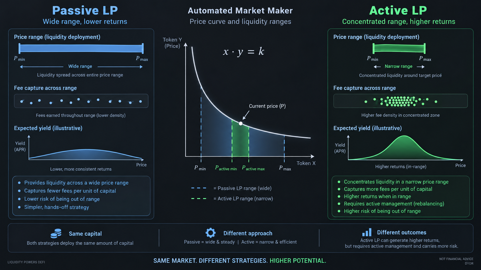 Active vs passive LP strategy comparison — concentrated liquidity range fee capture on automated market maker 2026