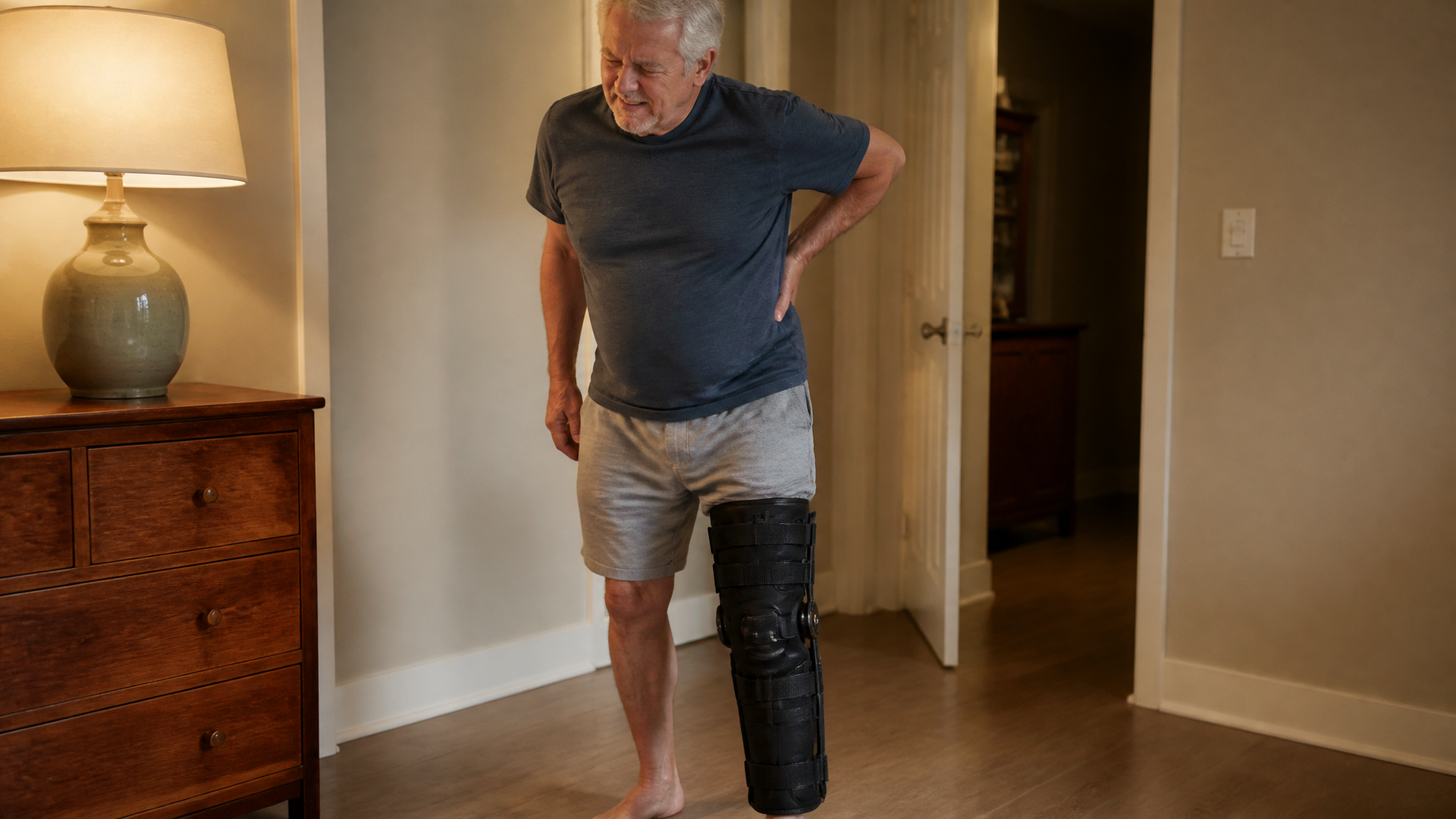 Photograph of a person standing with a hand pressed to their lower back and hip from the strain of walking on a fused leg, wearing a knee brace