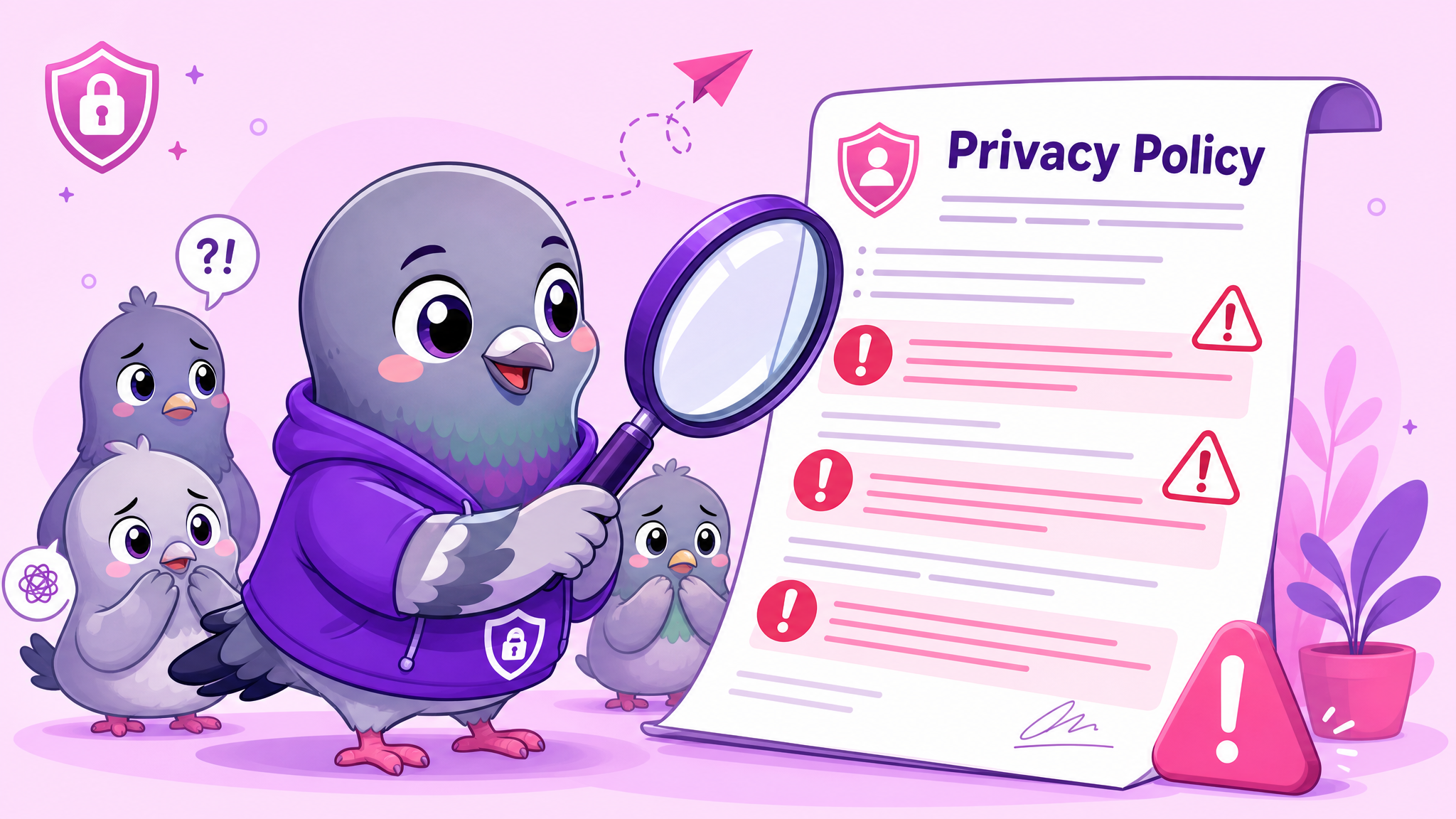 Chibi pigeon mascot carefully examining a privacy policy with a magnifying glass, revealing hidden data collection practices