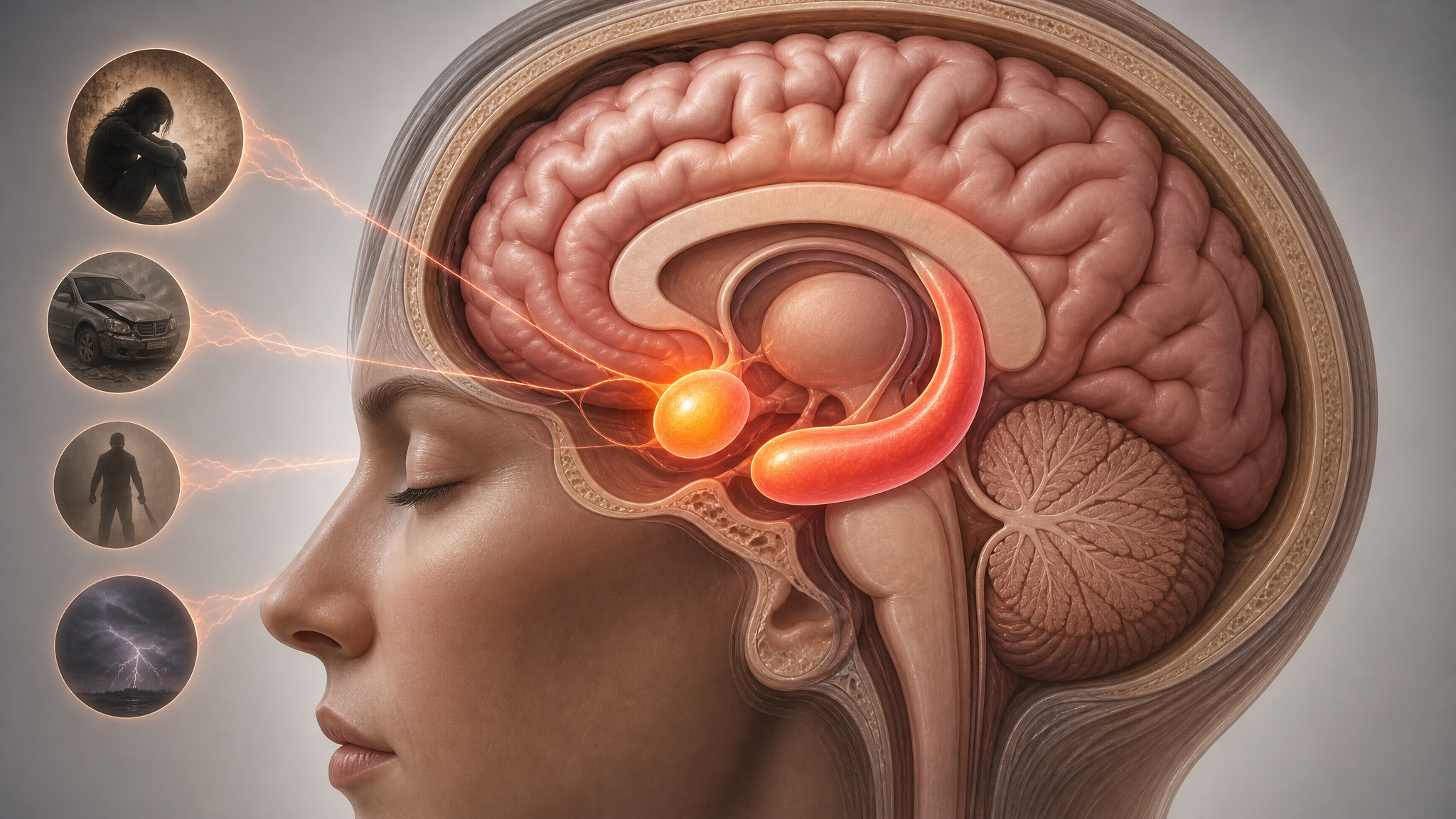 Medical illustration of the brain highlighting trauma-response regions including amygdala and hippocampus