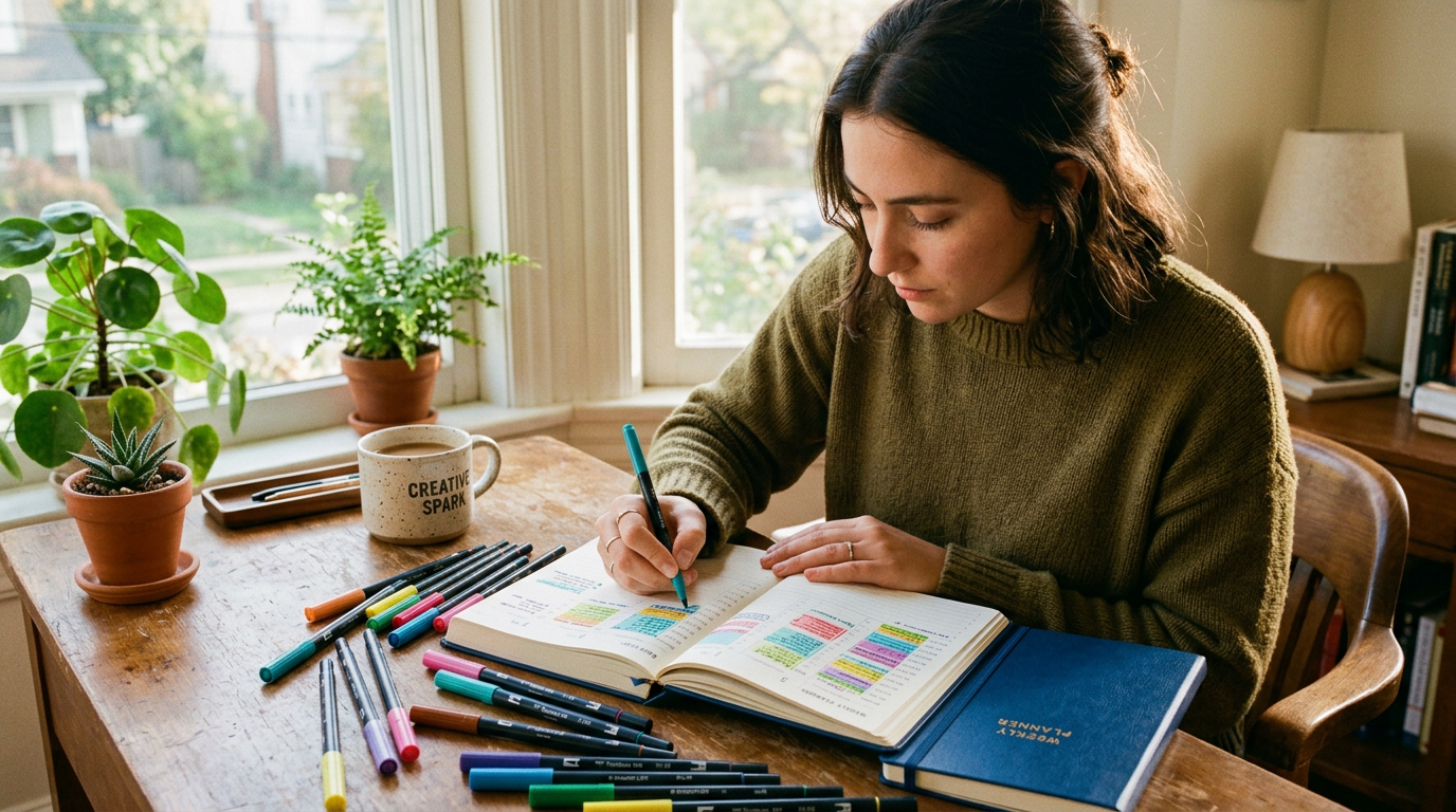 Pessoa planejando semana com marcadores coloridos em planner de papel