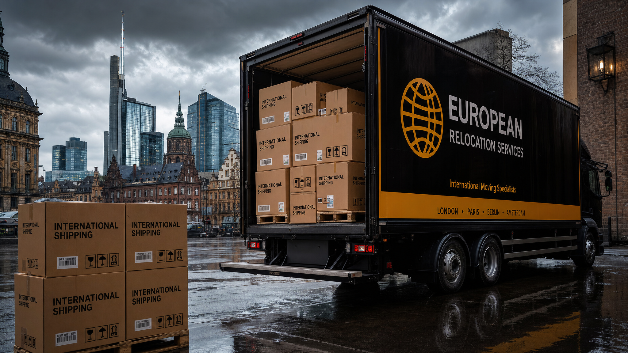 International moving truck with boxes for expat relocation