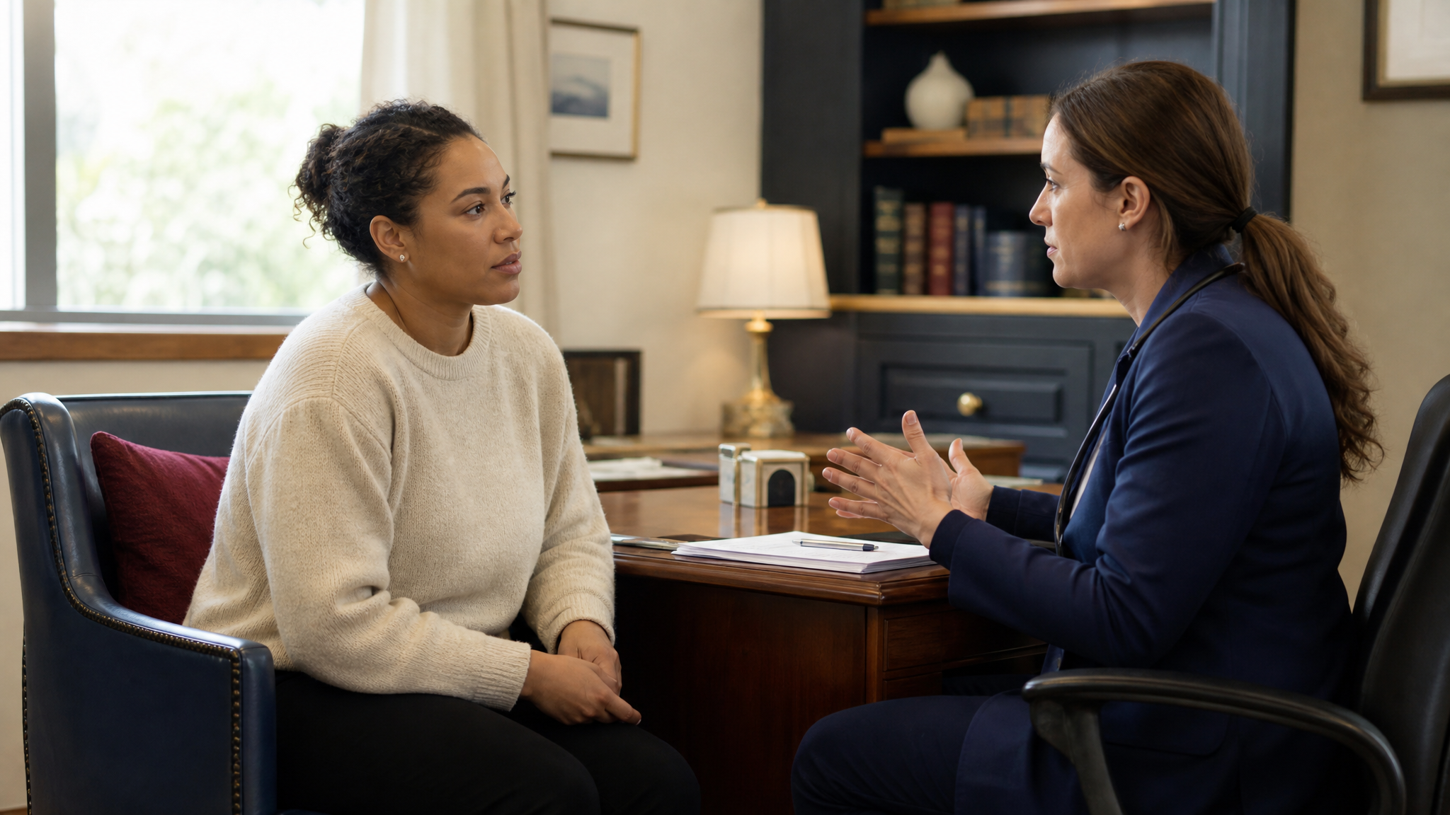 A woman veteran discussing a thyroid presumptive condition with her doctor