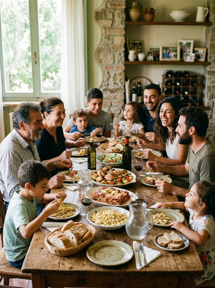 Comida familiar multigeneracional con abuelos, padres y niños reunidos