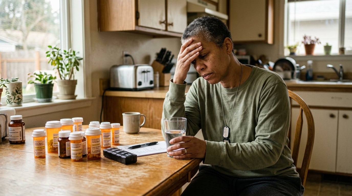 A woman veteran at a kitchen table with prescription bottles, hand to her forehead