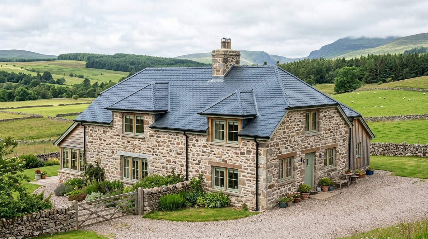 Re-roofed Scottish farmhouse with natural slate