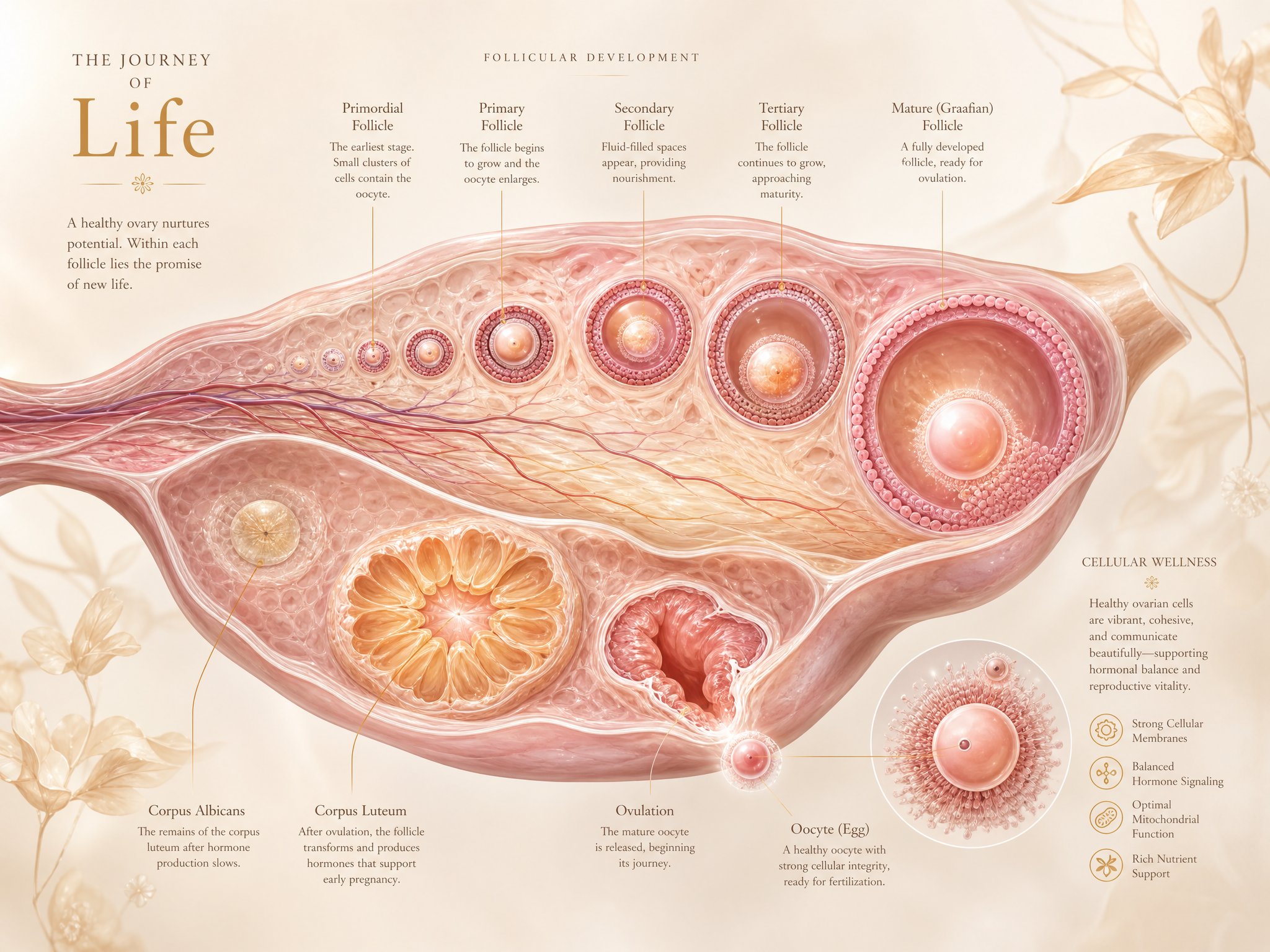 Elegant illustration of healthy ovarian follicles and cellular vitality