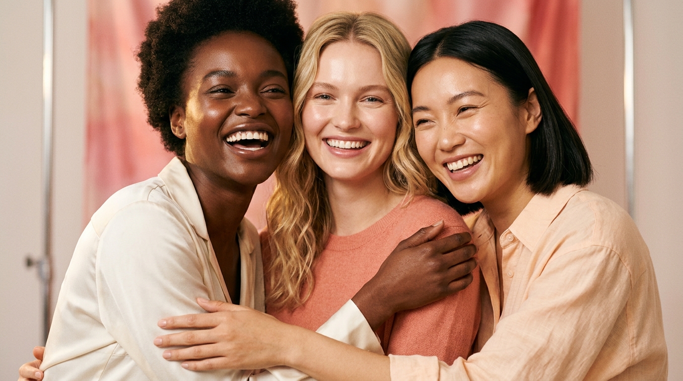 Three diverse beautiful women laughing joyfully together