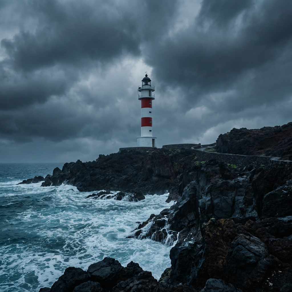 AI-generated lighthouse location at night with storm and lightning