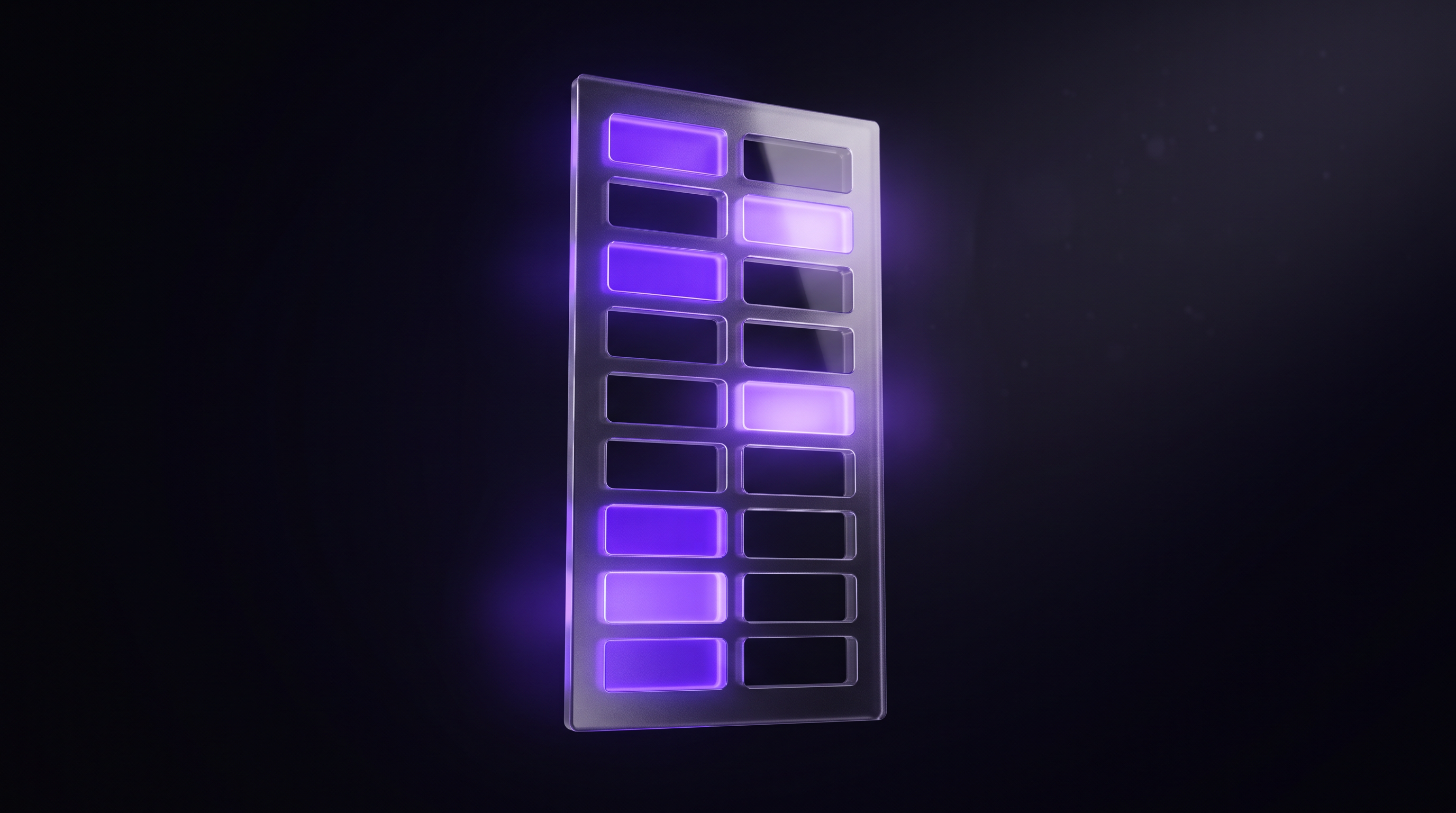 A tall translucent panel of stacked cells seen at an angle, where roughly half the cells glow bright violet and the remainder sit dark and empty