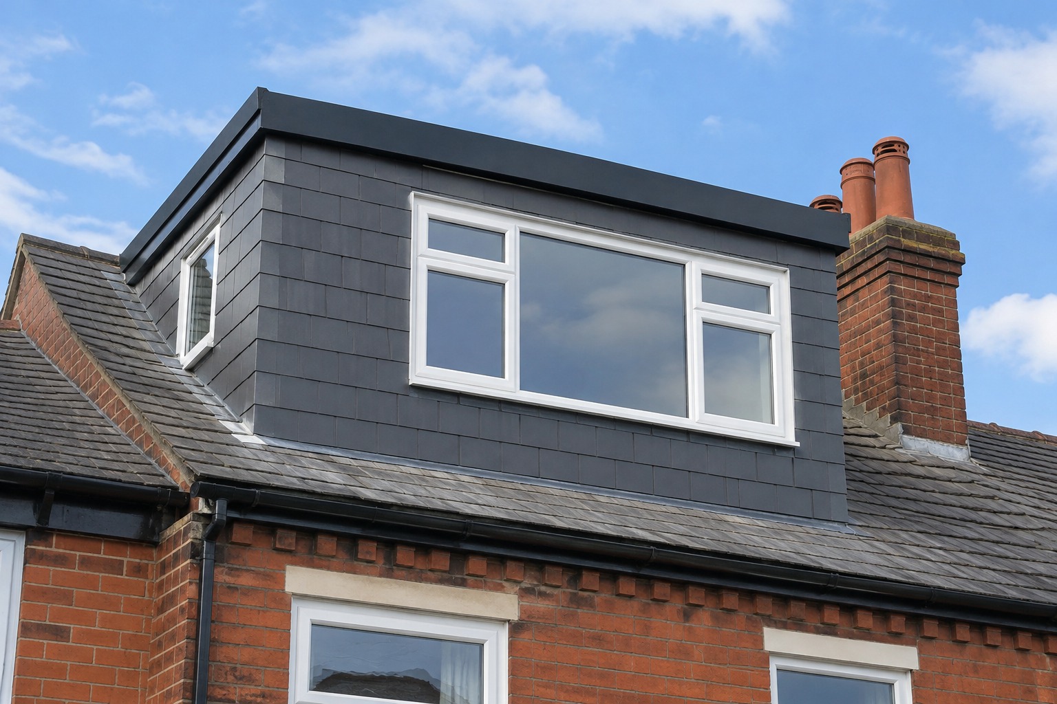 Slate-clad dormer with a flat roof on a brick house