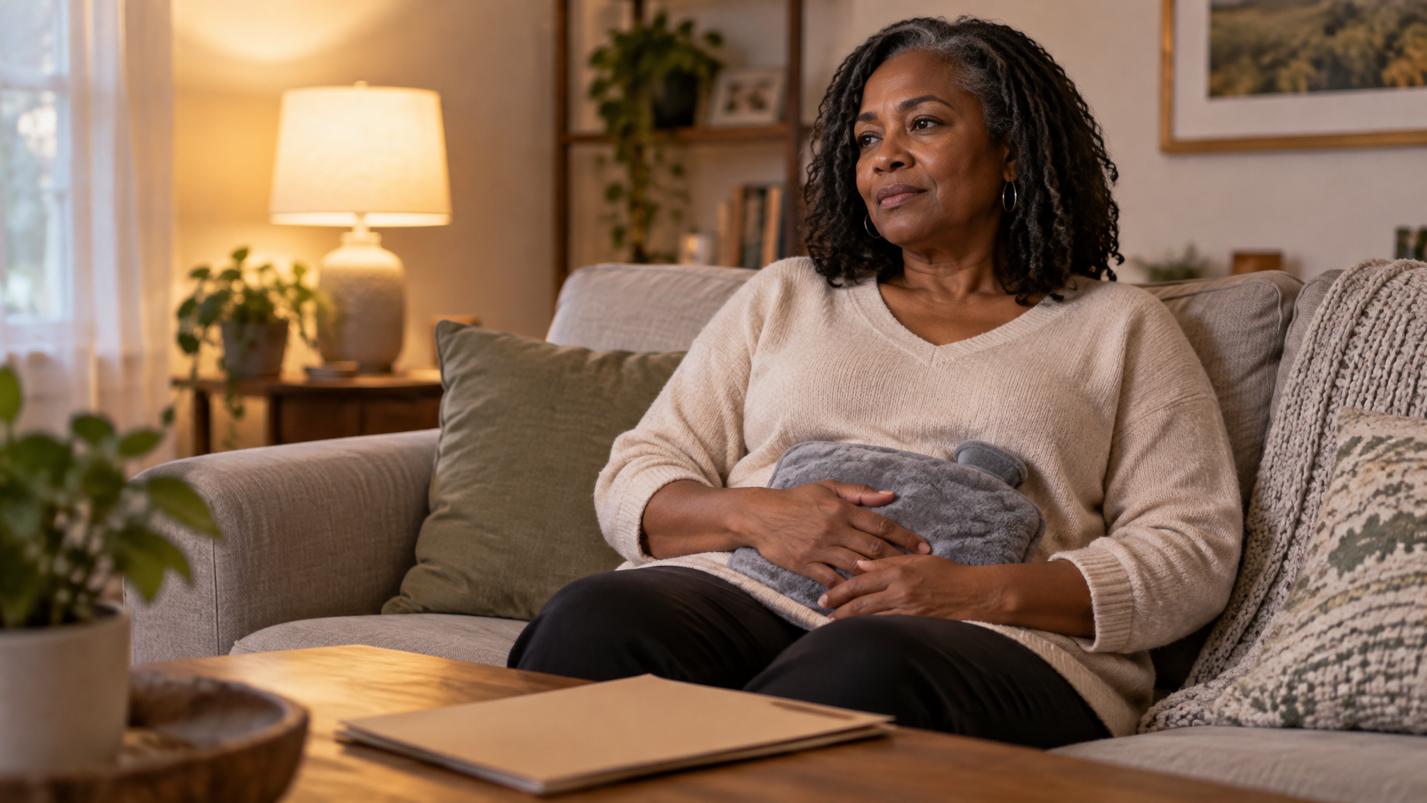 A woman veteran in her fifties sitting on her living room sofa holding a heating pad against her lower abdomen