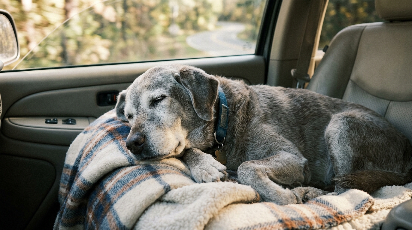 A senior dog with a gray muzzle resting comfortably on a soft blanket during a ride