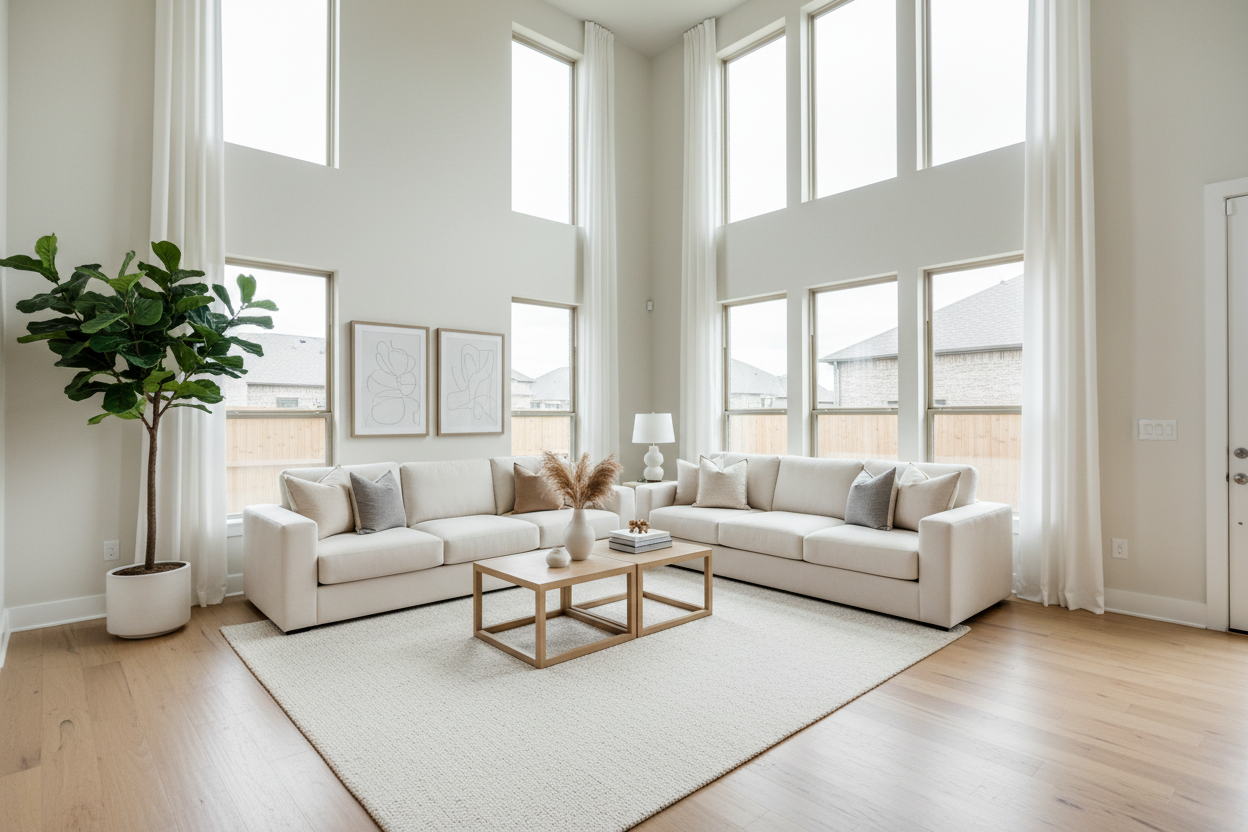 Staged living room in a modern Leander home