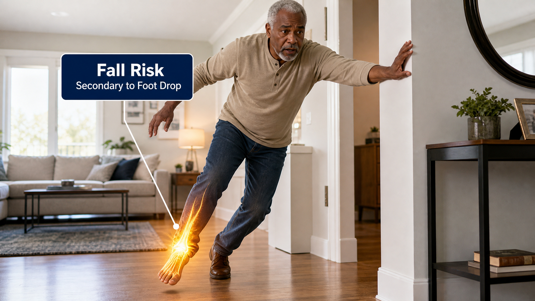 Older Black man stumbling and catching himself on furniture because his foot dropped, an amber hotspot glowing at his ankle and foot
