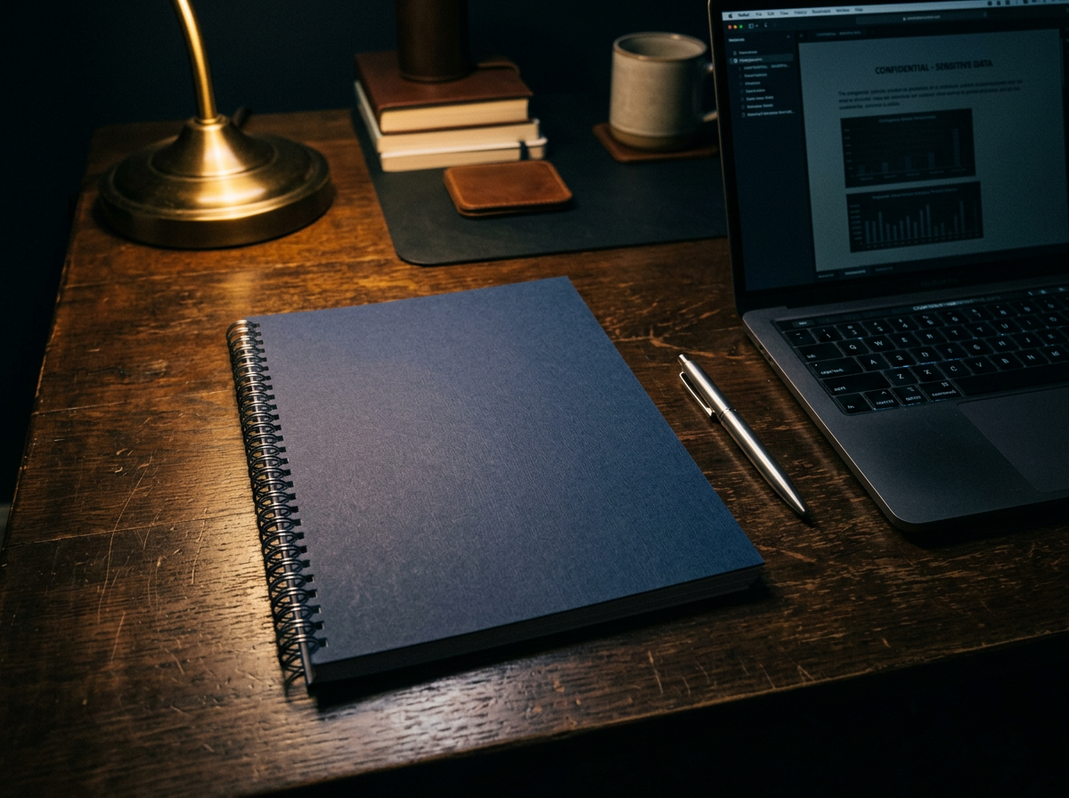 Bound navy forensic claim report on a desk