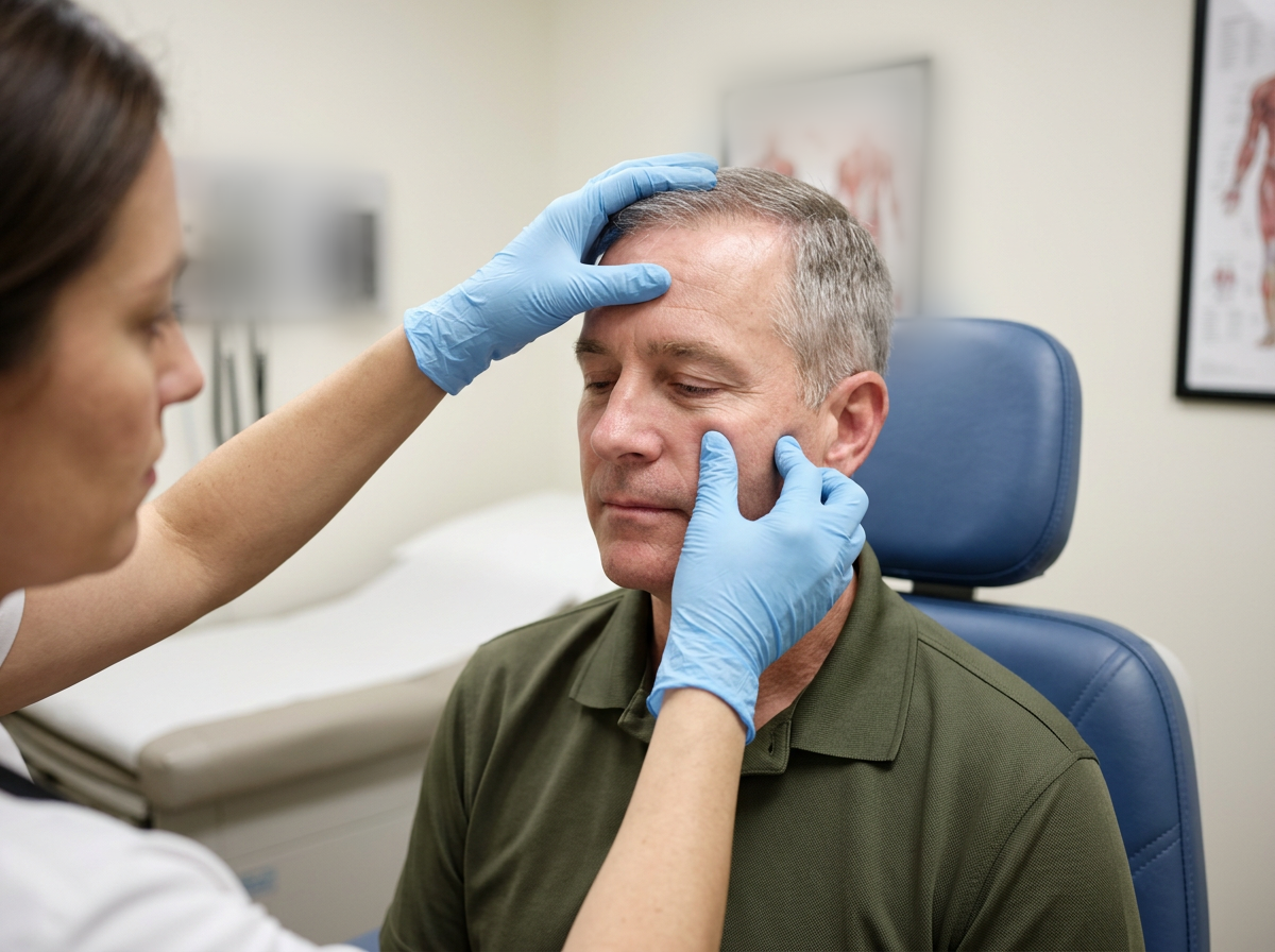 Clinician in blue gloves palpating the sinuses of a seated male veteran, pressing gently over his forehead and cheeks during a facial exam