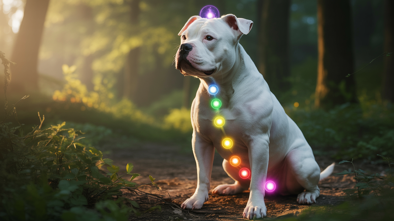 Beli staford sa vidljivim čakrama duž tela u meditativnom okruženju. Čakre kod pasa energija pas čakre kućni ljubimci energija životinja balans energije pas