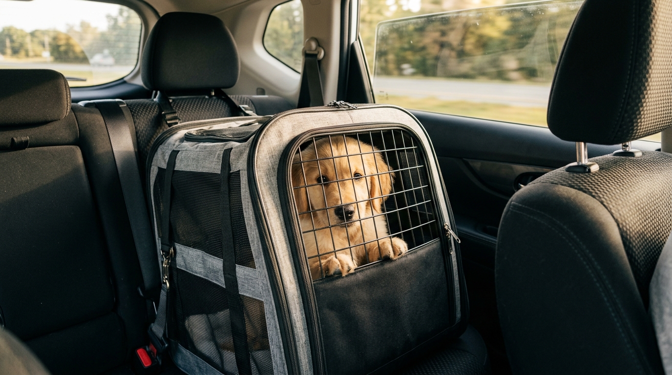 A young golden retriever puppy riding safely in a well-ventilated travel carrier
