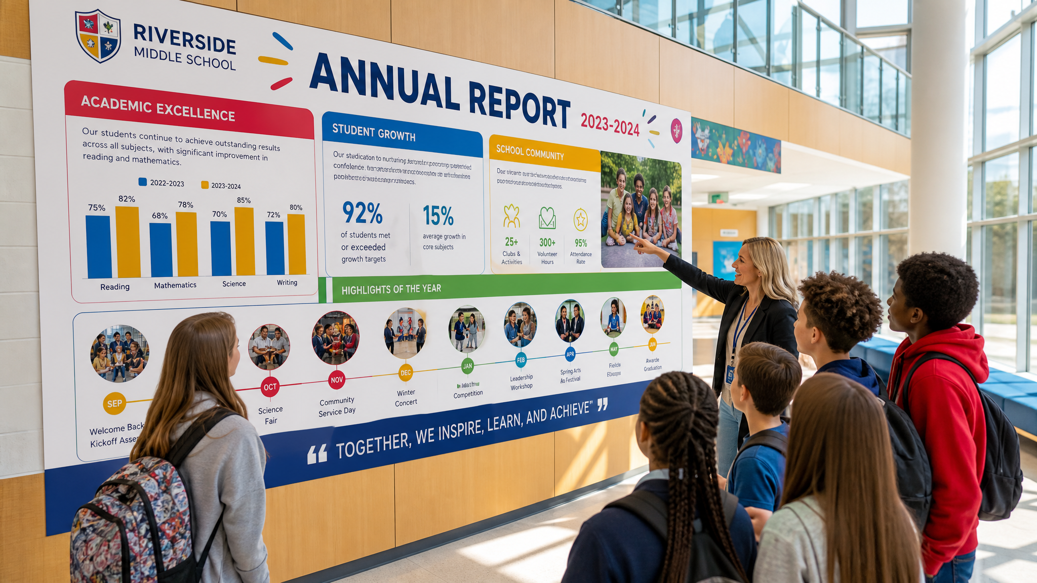 Colourful annual report display in a modern school atrium