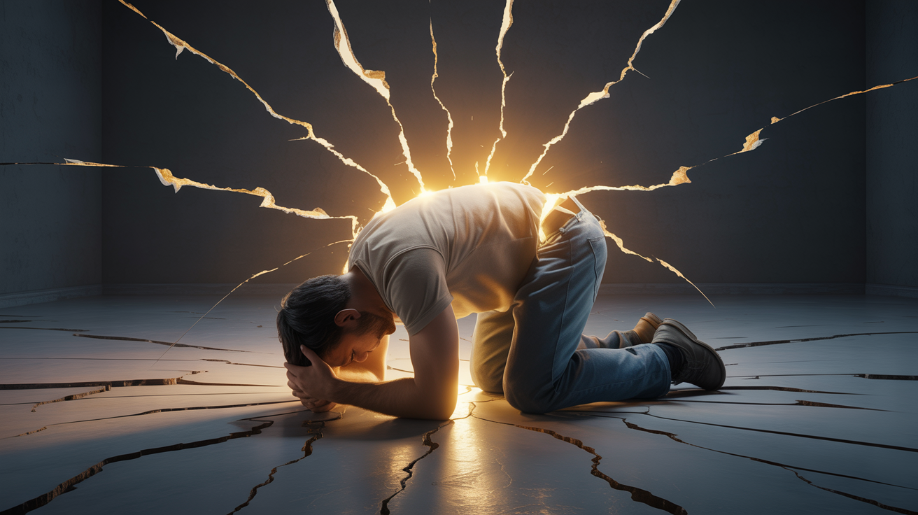 Muškarac kleči na podu u emocionalnom slomu dok svetlost izbija iza njega, simbol unutrašnje transformacije i ličnog buđenja
