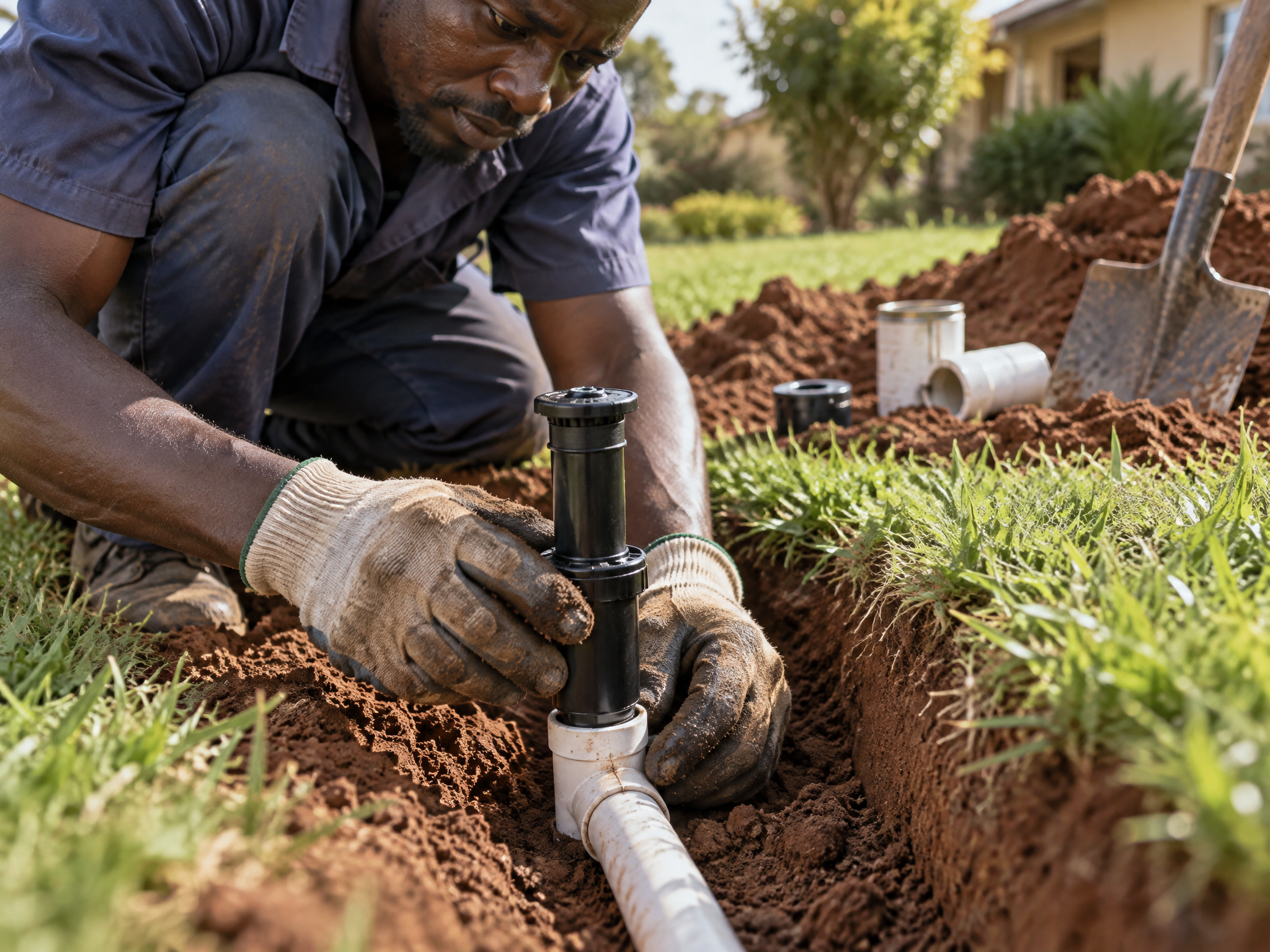 Technician installing a sprinkler head in a garden in Bulawayo